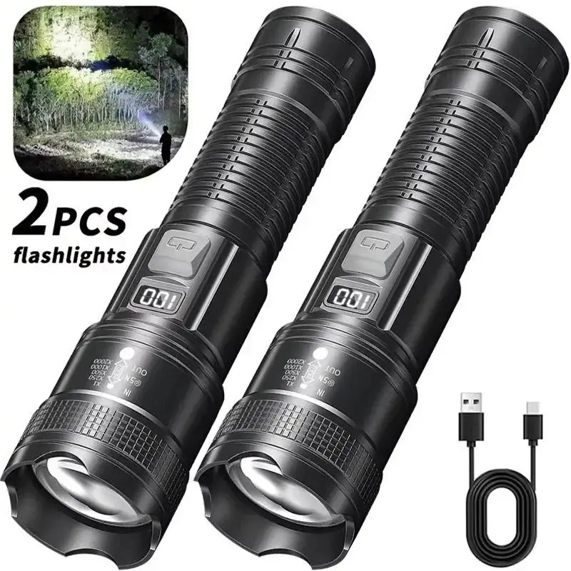 High Strong Power Led Flashlights 300000LM Tactical Torch with Display Light USB Charging Camping Fishing Defensa Zoom Lantern