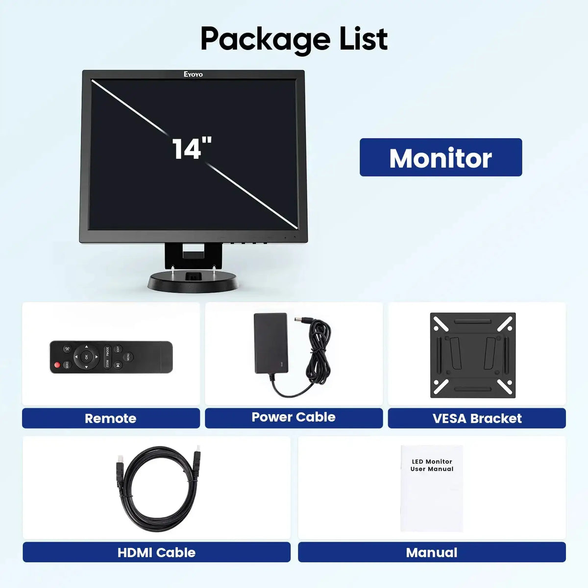 Eyoyo 14 Inch LCD HDMI Monitor 1024x768 Small VGA Display Desktop Monitor for Security Cameras with HDMI&VGA&AV&BNC Input, Built-in Speakers, Support Remote Controller, External Display For Computer/PC/Laptop/CCTV Monitring