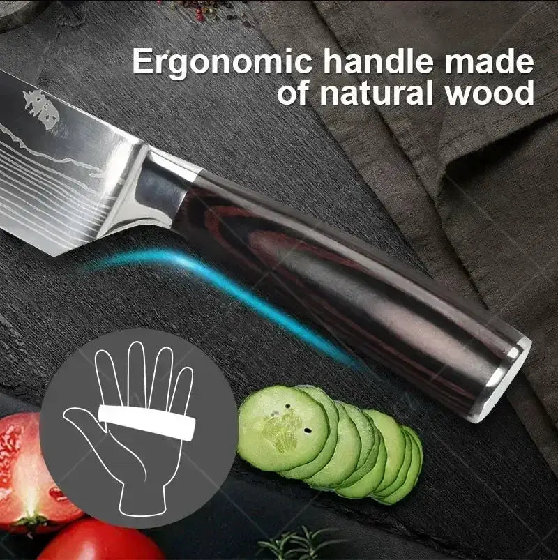 Professional Damascus Kitchen Knife Set With Santoku Cleaver