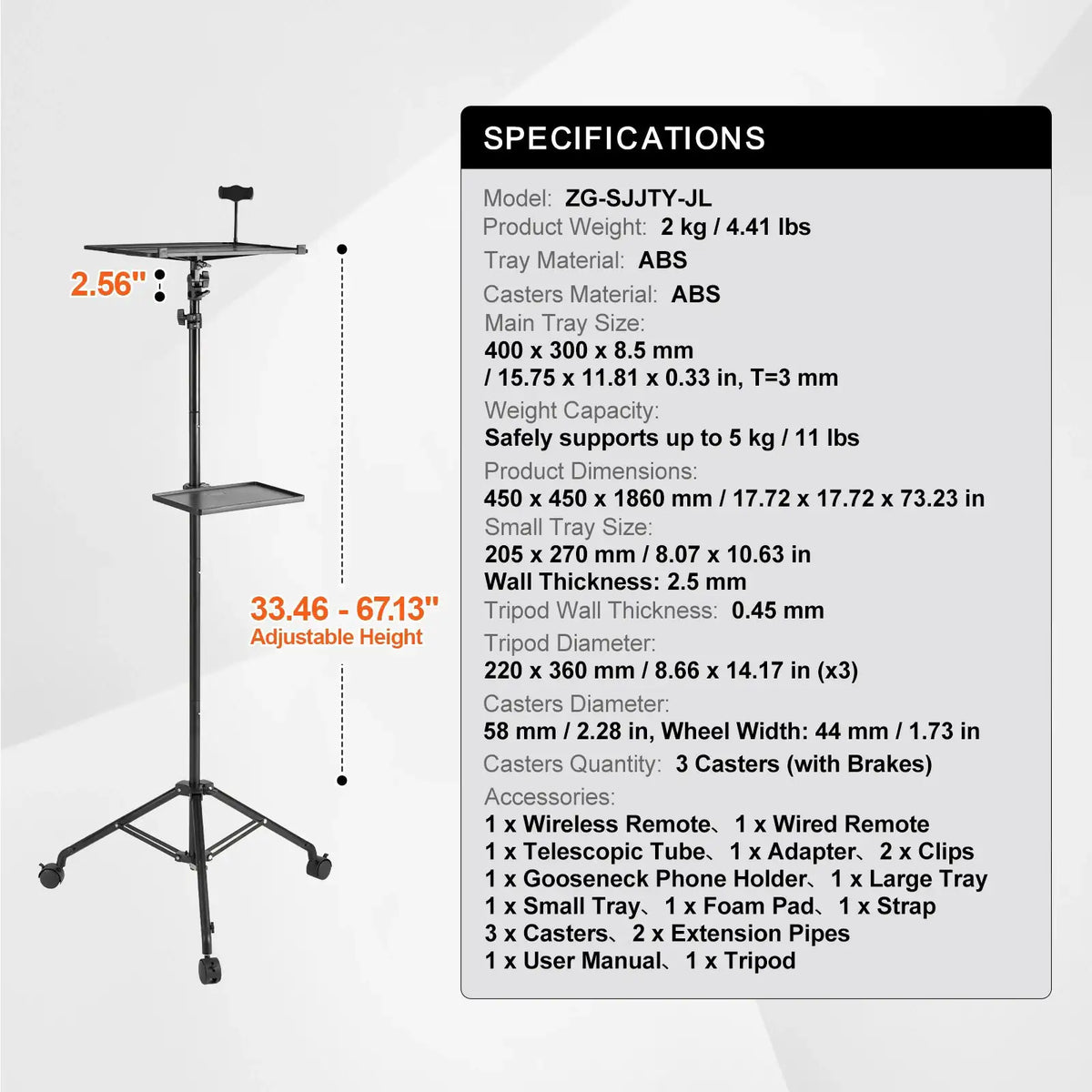 SucceBuy Portable Projector Tripod Stand Adjustable Height w/ Tray & Gooseneck Phone Holder for Outdoor Movies Home Office Stage