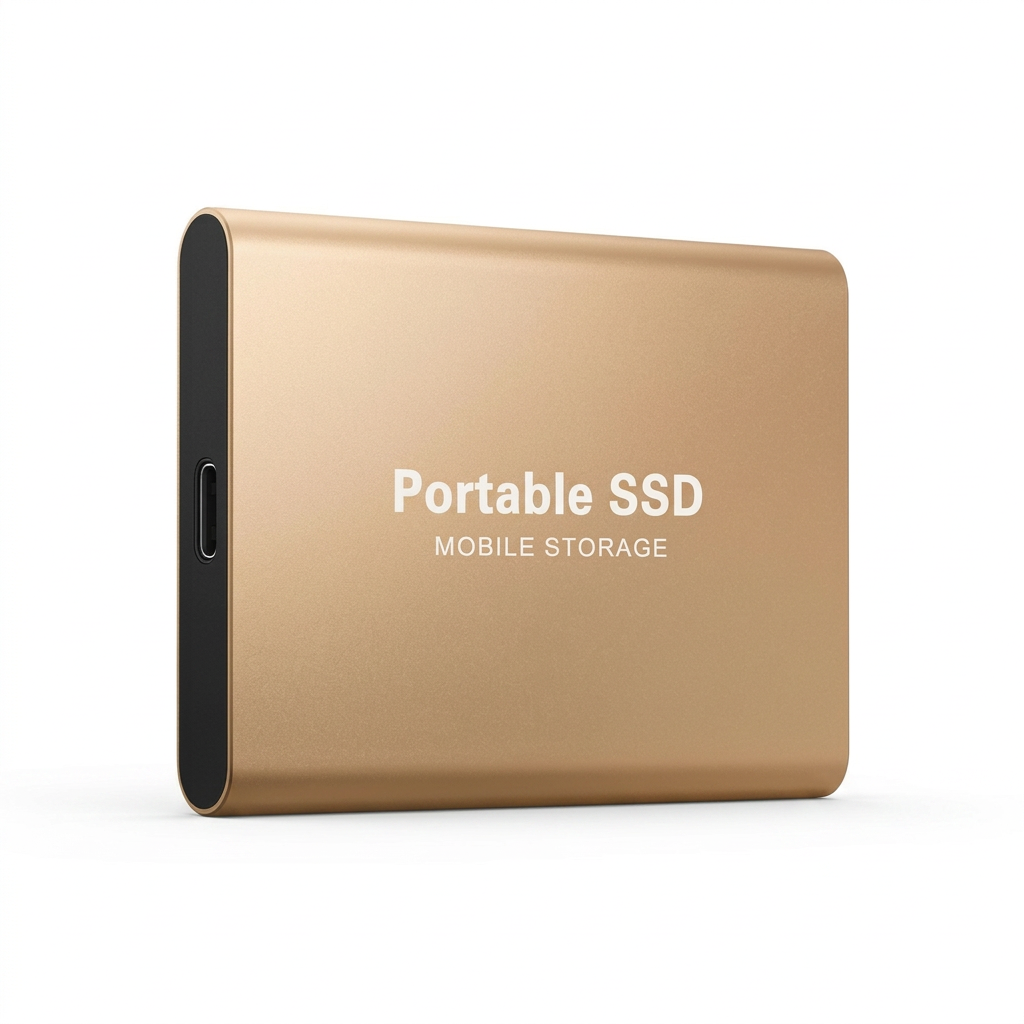 A portable external SSD in a metallic gold finish with a black side panel, featuring the text 'Portable SSD MOBILE STORAGE' on the front, shown on a white background.