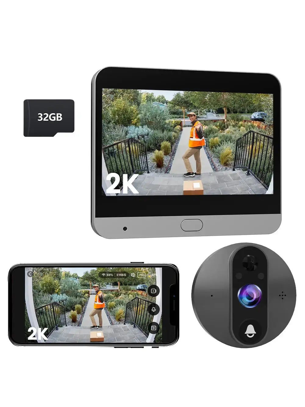 4.3 Inch Display 2K Tuya Digital Peephole Viewer WiFi Doorbell Camera Cat Eye Door Bell with 32GB Memory Card Support Smart Life