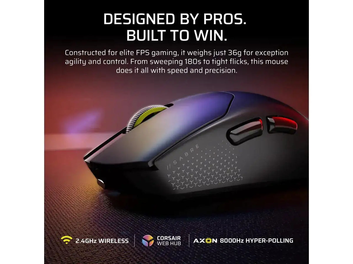 Corsair Sabre V2 Pro Ultralight Wireless Gaming Mouse CH-931G000-WW — 36g Ultralight, 33000 DPI MARKSMAN Sensor, 8000Hz Hyper-Polling, 70hr Battery, 2.4GHz/Wired, Mechanical Switches