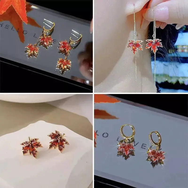 Vintage Red Maple Leaf Crystal Earrings Timeless Elegance