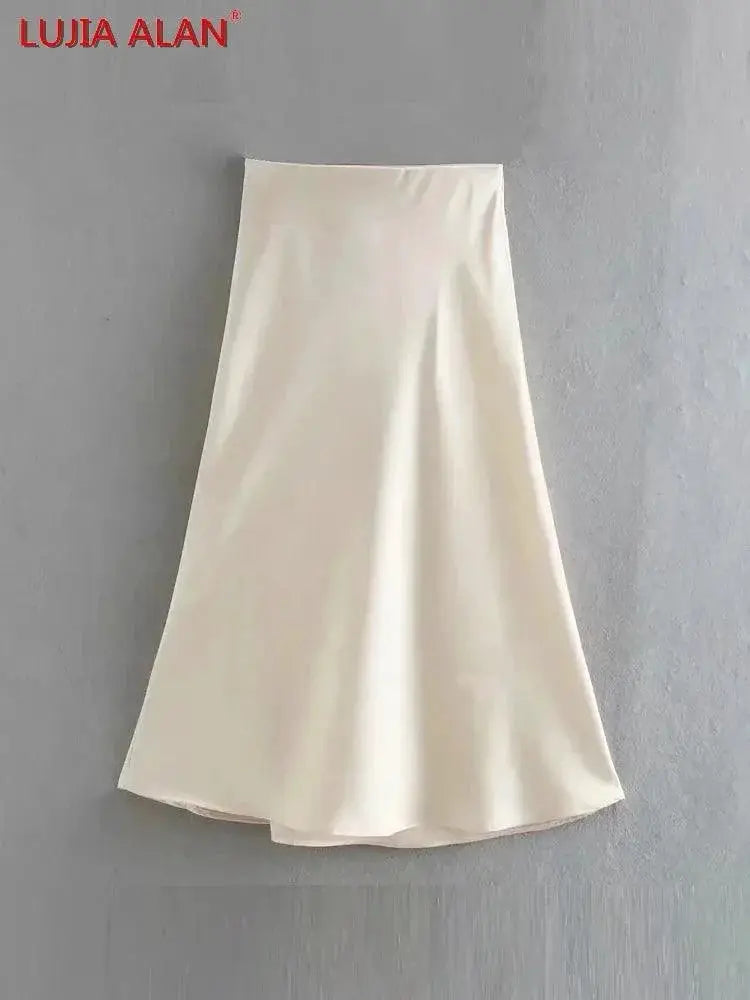 Solid Satin A Line Midi Skirt Summer Fashion Statement