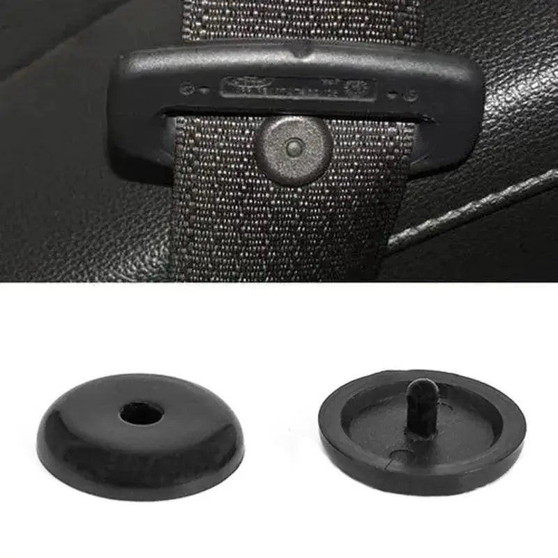 Black plastic car seat belt stopper clips on seatbelt and close-up, OurLum.com accessory