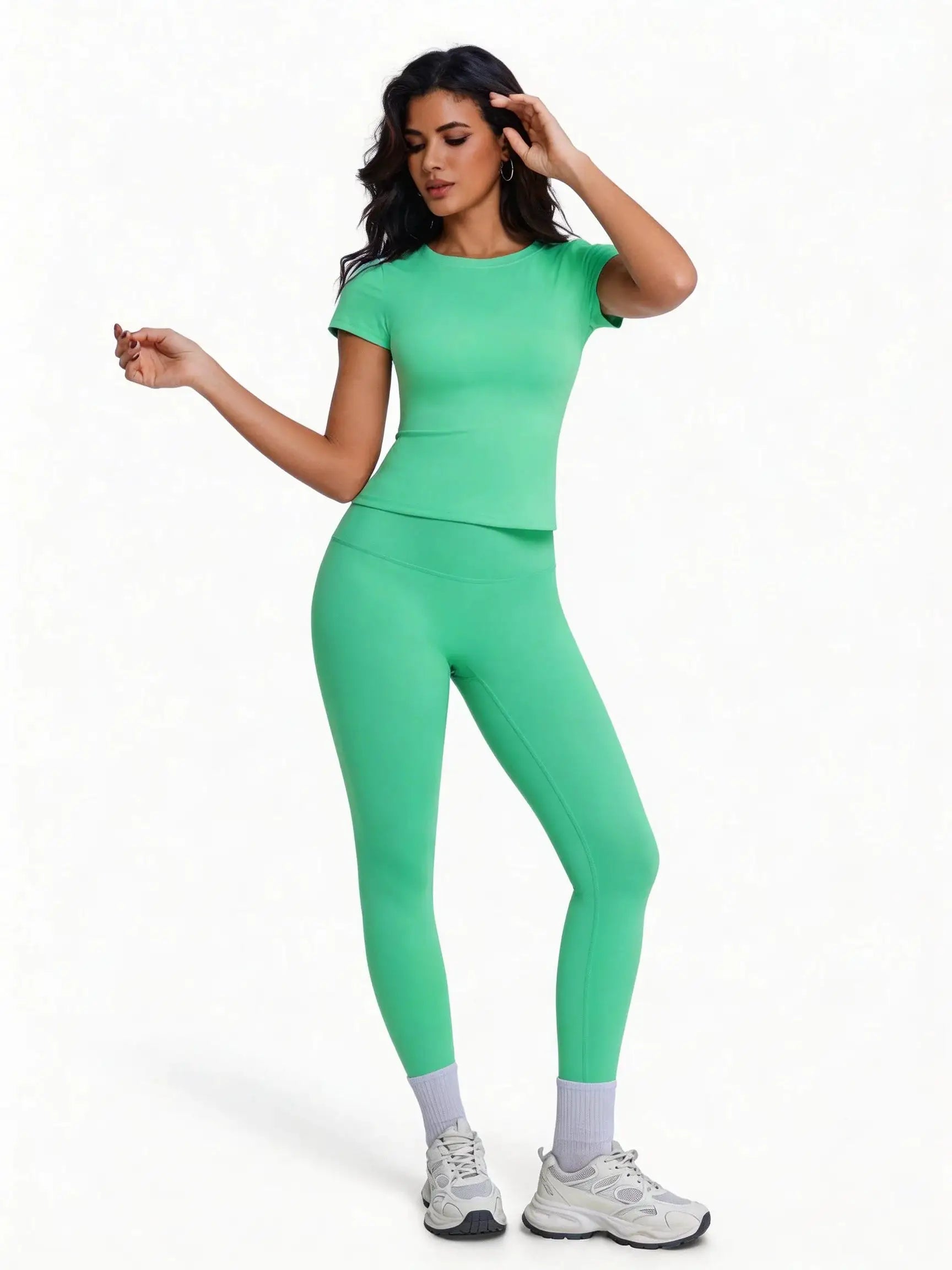 Women's 2 Piece Workout Set, Ultra-Soft Short Sleeve T-Shirt & High Waist Leggings, Seamless Butt Lifting Yoga Outfit for Gym, R