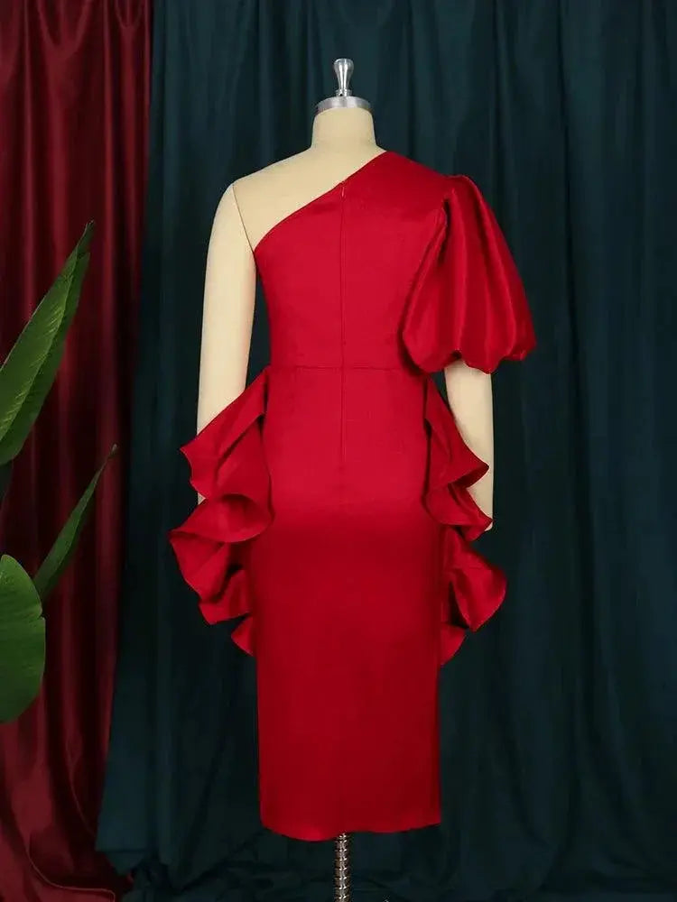 Ravishing Red Peplum Dress Lantern Sleeves Evening Wear