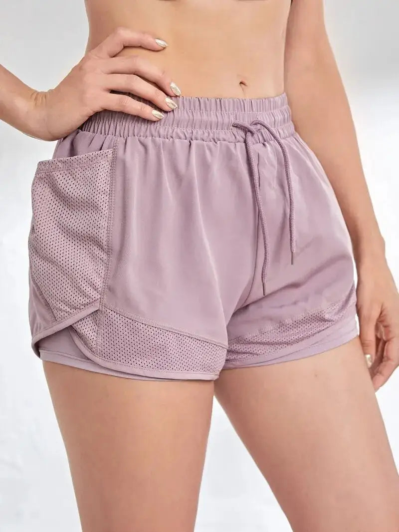 Women's Elastic Sports Shorts, Shorts With Pockets, Fake Two-Piece Yoga Leggings Running And Training