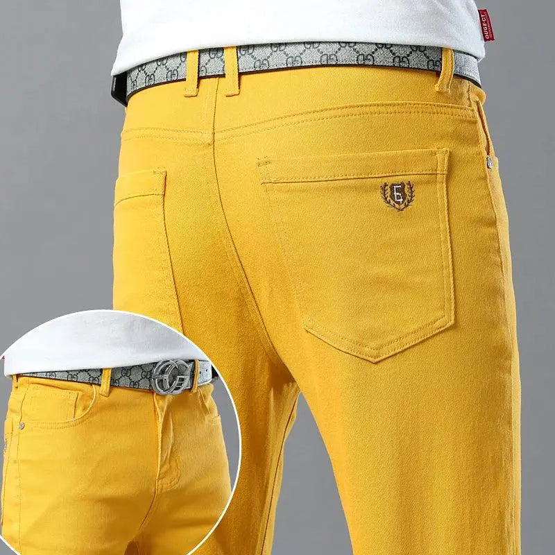 Korean Men Denim Jeans Casual Fashion Pants Red Yellow Pink
