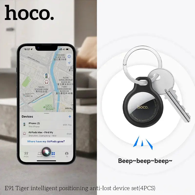 HOCO 4 Pack Anti Lost Device Airtags For Apple IOS System GPS Locator Wallet Keychain Cars Pets Finders with Protective Cases