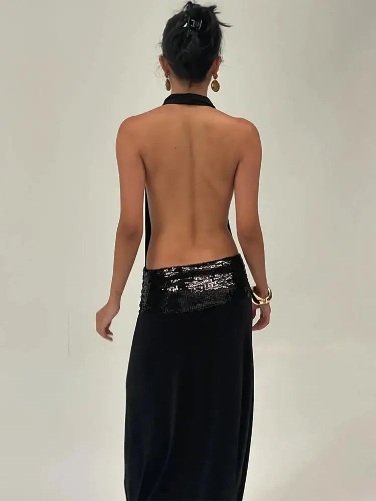 Backless Halter Patchwork Maxi Dress For Women Solid — product view 17