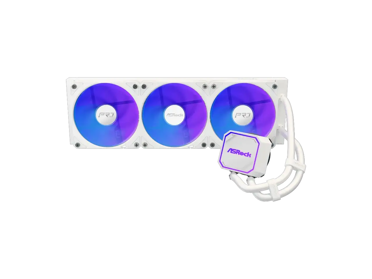 ASRock SL-1000GW Gold 1000W Full Modular Power Supply ASRock AIO PRO White 360 ARGB 27mm radiator, ARGB waterblock, ARGB Hub-lighting fan, white version