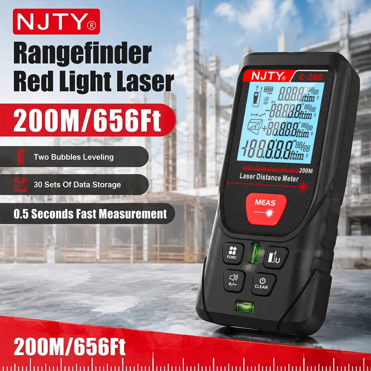 C-50/100/200m Laser Distance Meter Handheld Digital Rangefinder Area Volume Pythagorean Measurement Backlit LCD Display Tools
