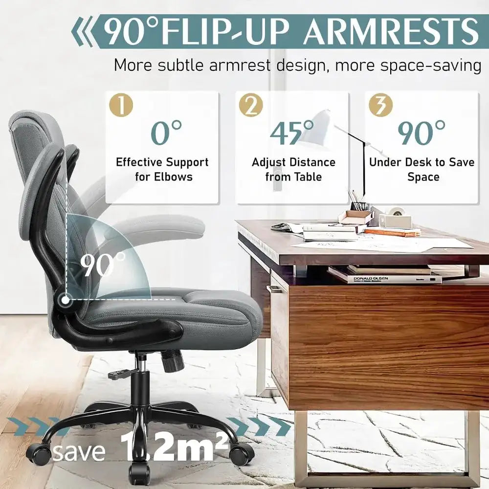 Ergonomic PU Leather Office Chair with Adjustable Armrests, 360 Swivel, Lumbar Support, Wheels, Grey