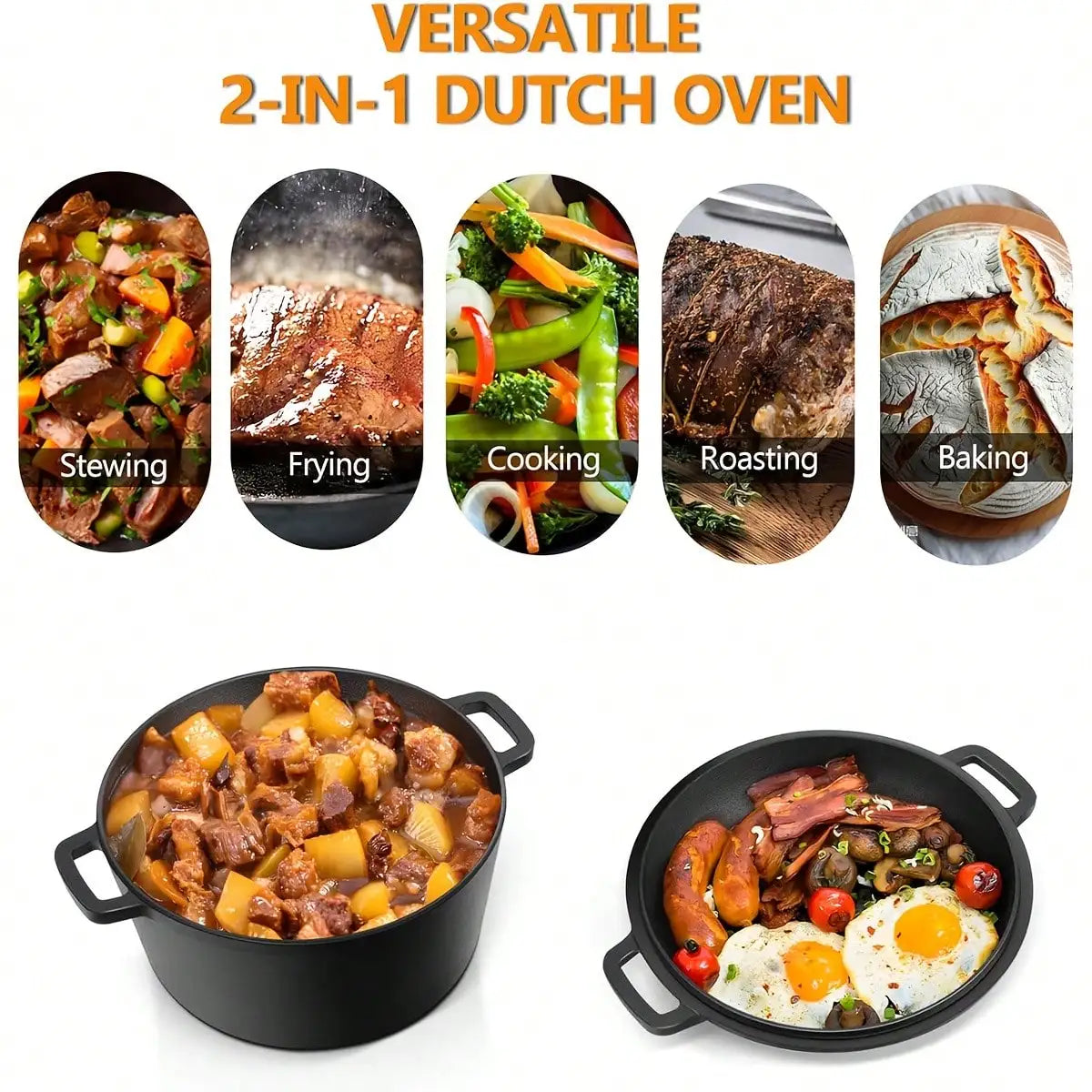 Black Cast Iron Dutch Oven Pot With Skillet Lid Cooking — product view 2