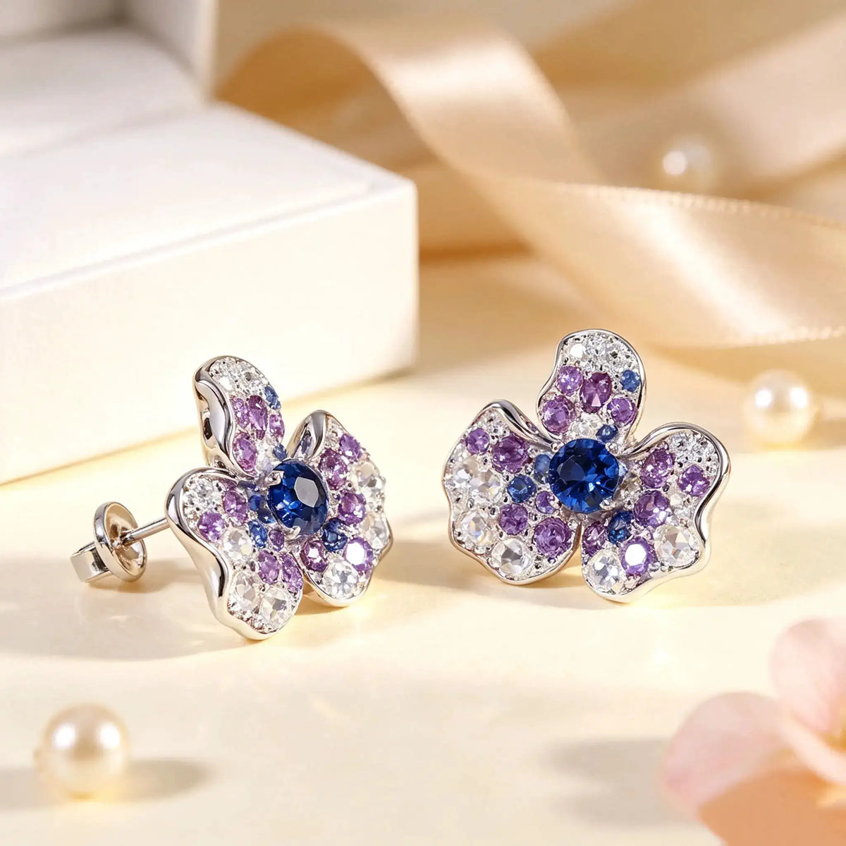 925 Sterling Silver Four Leaf Clover Flower Moissanite Stud Earrings for Women, Multi-color Purple & Blue Inlaid Moissanite Statement Earrings, Shiny Mixed Cut Stones Ear Studs, Fashion Fine Jewelry, Anniversary Birthday Gift