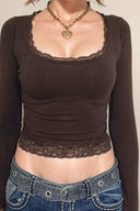 Stylish Dark Square Neck T-shirt Trendy Lace Trim Fashion