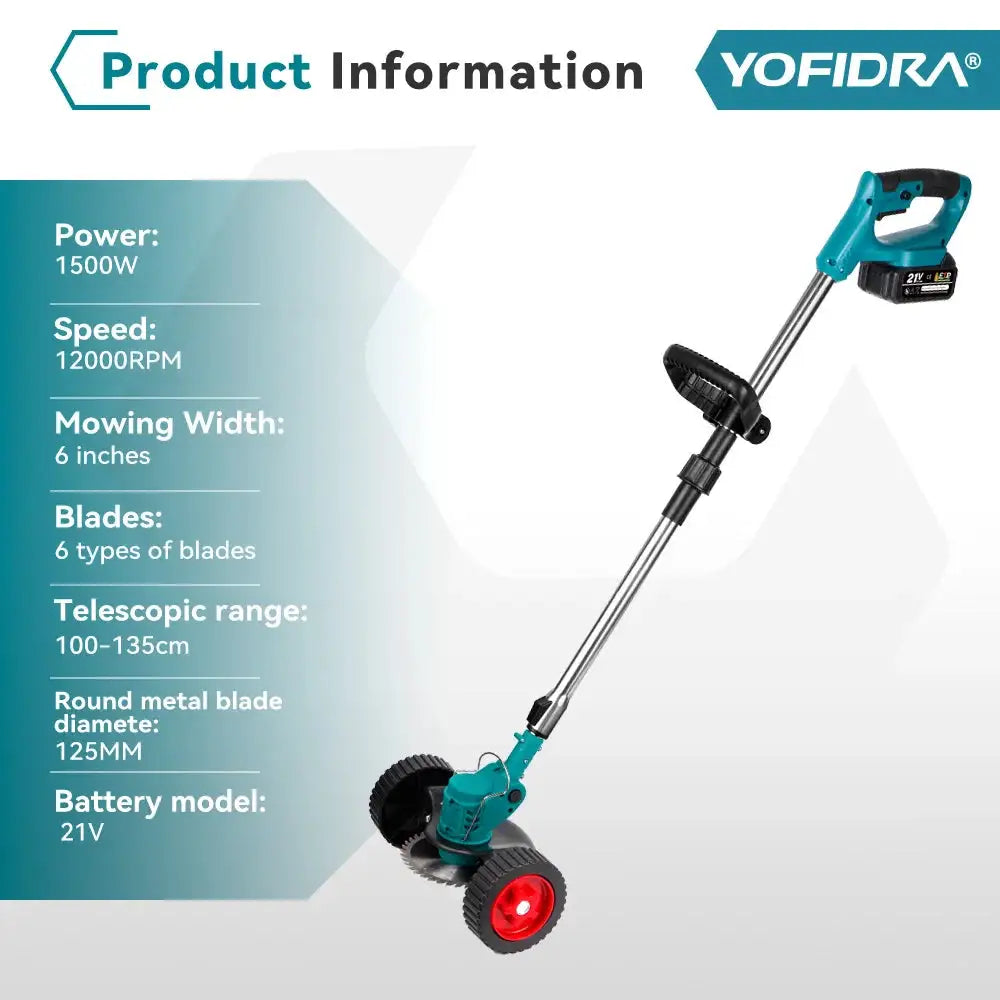 YOFIDRA 100-135cm Electric Lawn Mower 1500W Cordless Foldable Trimmer Pruning Cutting Garden Power Tool For Makita Battery Pin