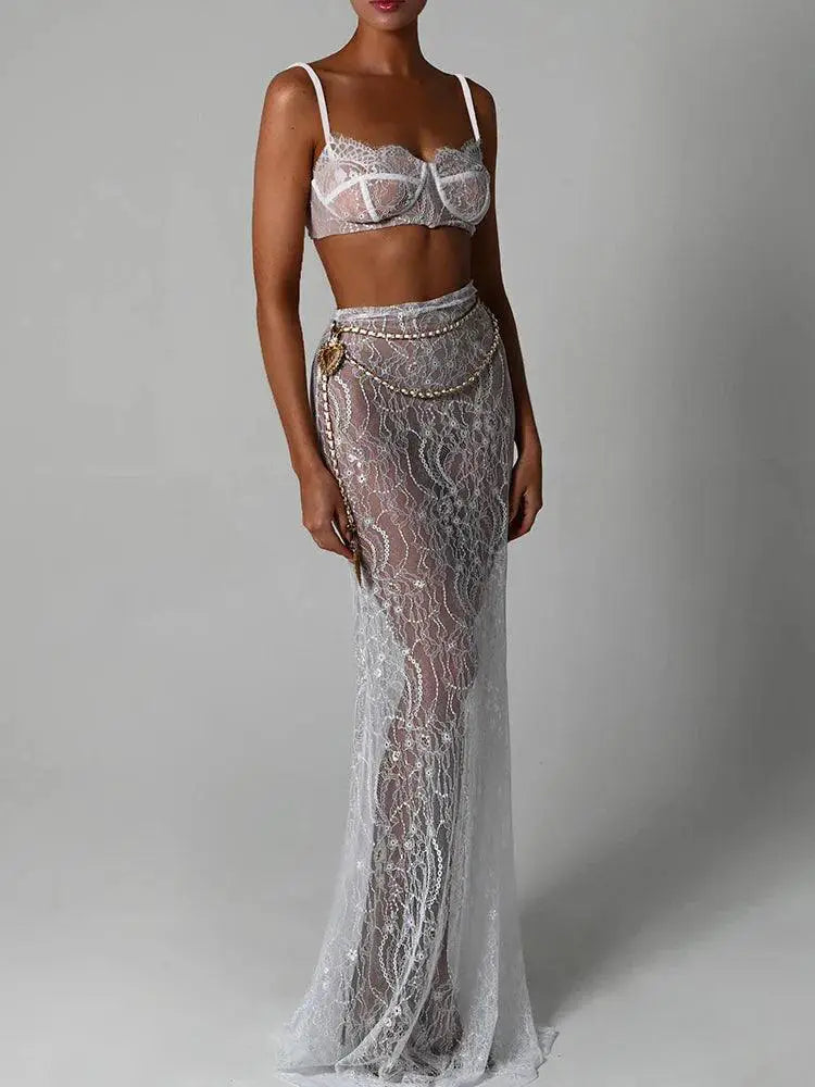Mozision Lace Two Piece Skirt Set Elegant Party Beachwear