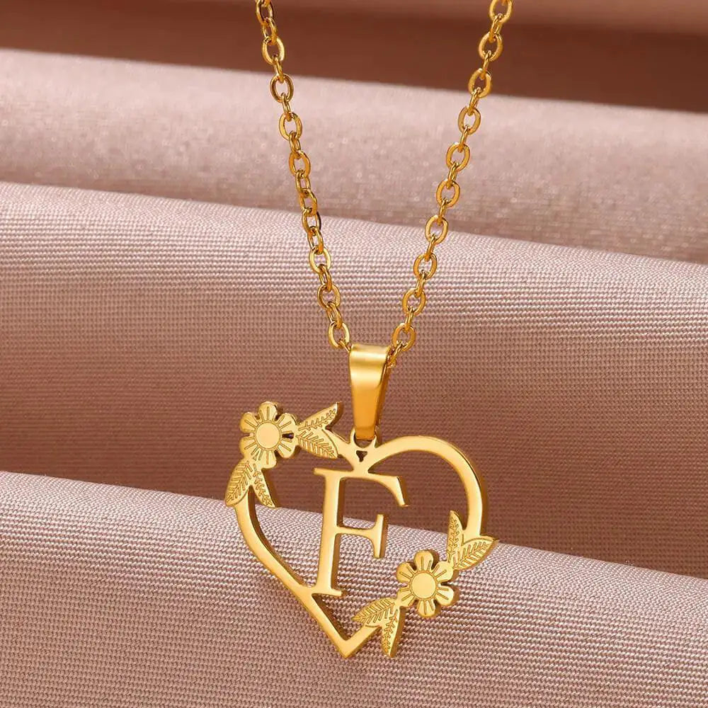 Golden Floral Heart Choker Necklace Alphabet Jewelry