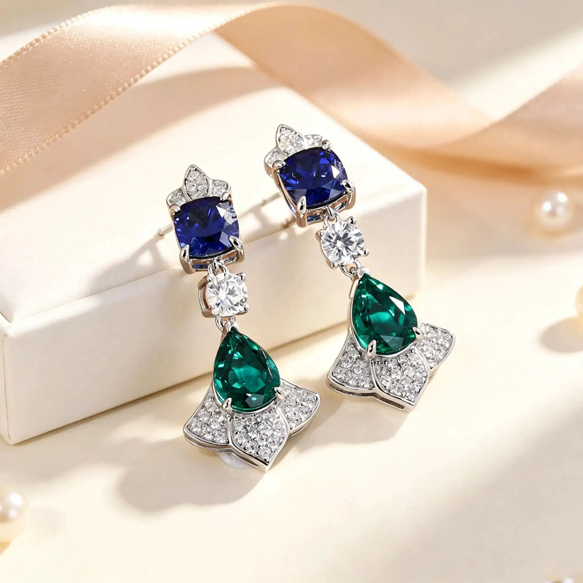 Cluster drop earrings described with sapphire and emerald accents