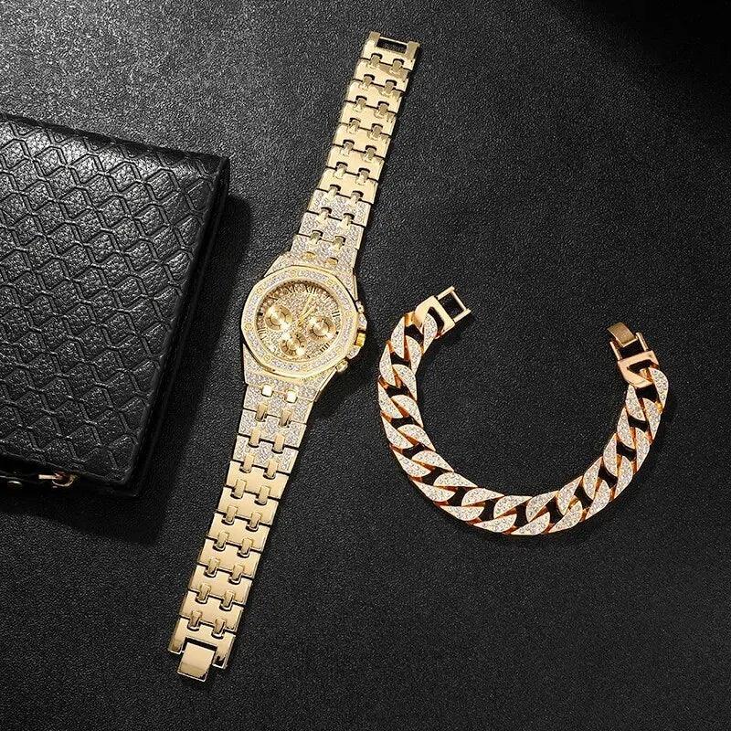 Golden Diamond Dial Mens Watch Quartz Timepiece Elegant