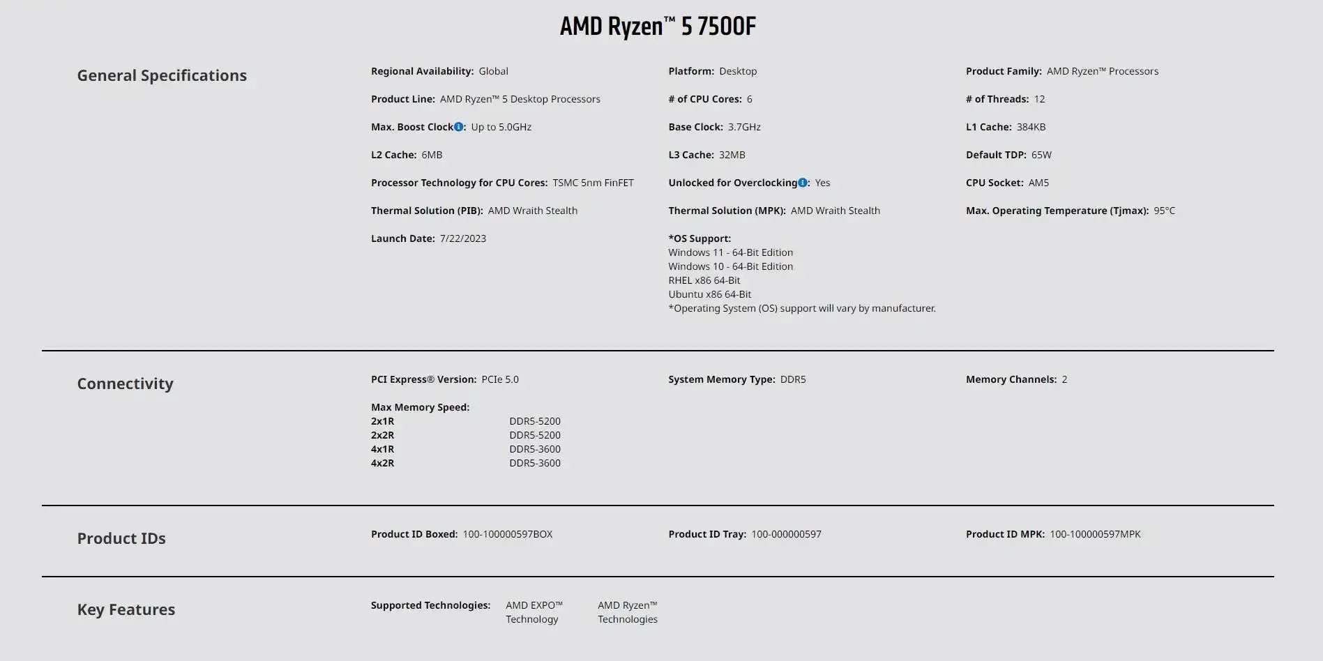 AMD Ryzen 5 7500F 3.7GHz 6 Core CPU AM5 Socket New