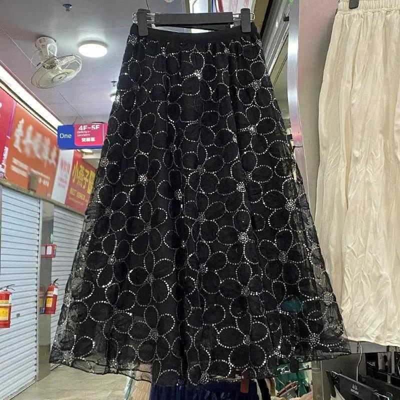 French Lace Flowers Tulle Skirt Sequin A Line Midi Long
