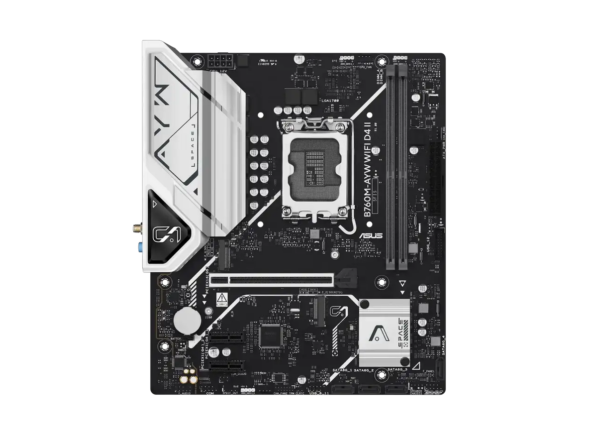 ASUS B760M-AYW WIFI D4 II Intel B760 (LGA 1700) microATX mATX motherboard, PCIe 5.0 x16 Support, two M.2 slots, DDR4, Realtek 2.5Gb Ethernet, Wi-Fi 6, HDMI, SATA 6 Gbps, front USB 5Gbps, Aura Sync