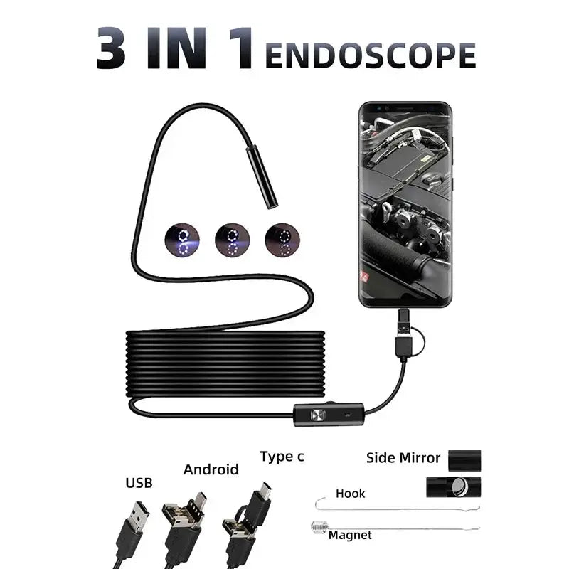 Practical 7mm Android Endoscope 3 In 1 USB Type C Borescope Waterproof Hooks - stepyours.com