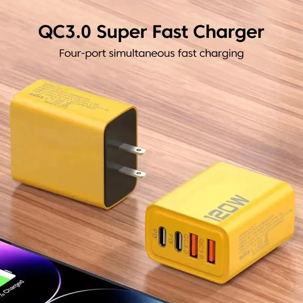 4 Port USB PD Charger 120W Type C Quick Charge Mobile Phone Charger Adapter For iPhone Samsung Xiaomi EU/US/UK Plug Wall Charger