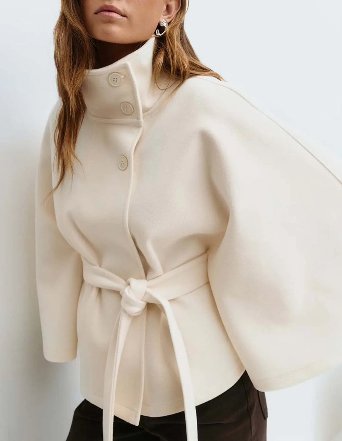 Belted Stand Collar Cape Coat