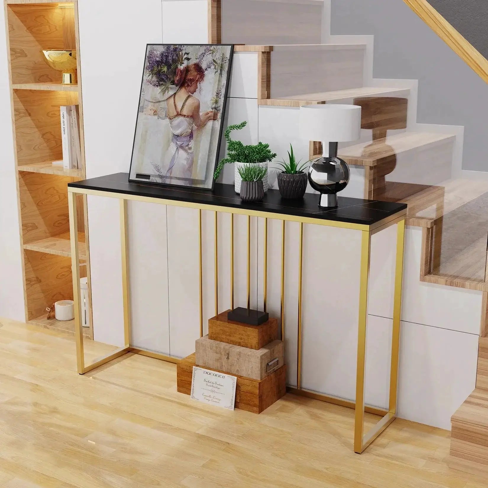 47 Inch Extra Long Console Table Sintered Top Gold Legs