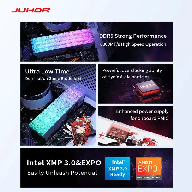 JUHOR DDR5 RGB 2x16GB Kit 6800MHz UDIMM Gaming Memory