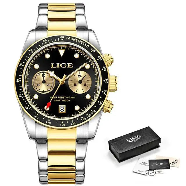 LIGE Stainless Steel Mens Quartz Watch Sleek Timepiece