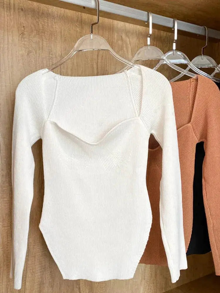 Square Neck Knit Sweater For Women Fall Winter Jumper