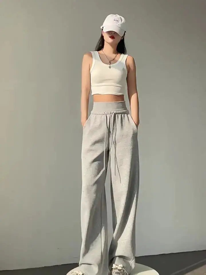 High-Waist Sports Pants Women's 2025 New American Casual Slim Fit Sweatpants Straight Leg Wide Leg Trousers
