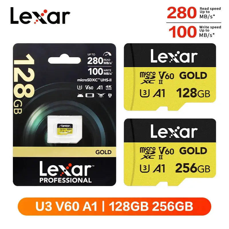 Lexar V60 MicroSDXC Memory Card Professional 4K Video Flash TF Card 128GB 256GB Max 280Mb/s UHS-II MicroSD Card for Drone Phone