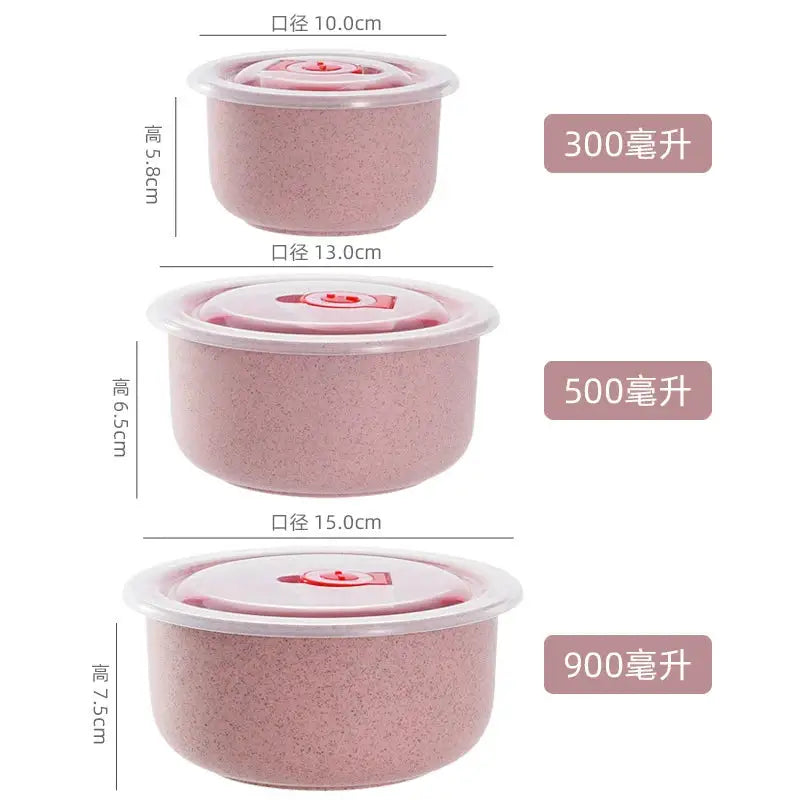 3pcs Wheat Straw Fresh-Keeping Bowl Three-Piece Set with Lid for Home Microwaveable Plastic Round Lunch Box