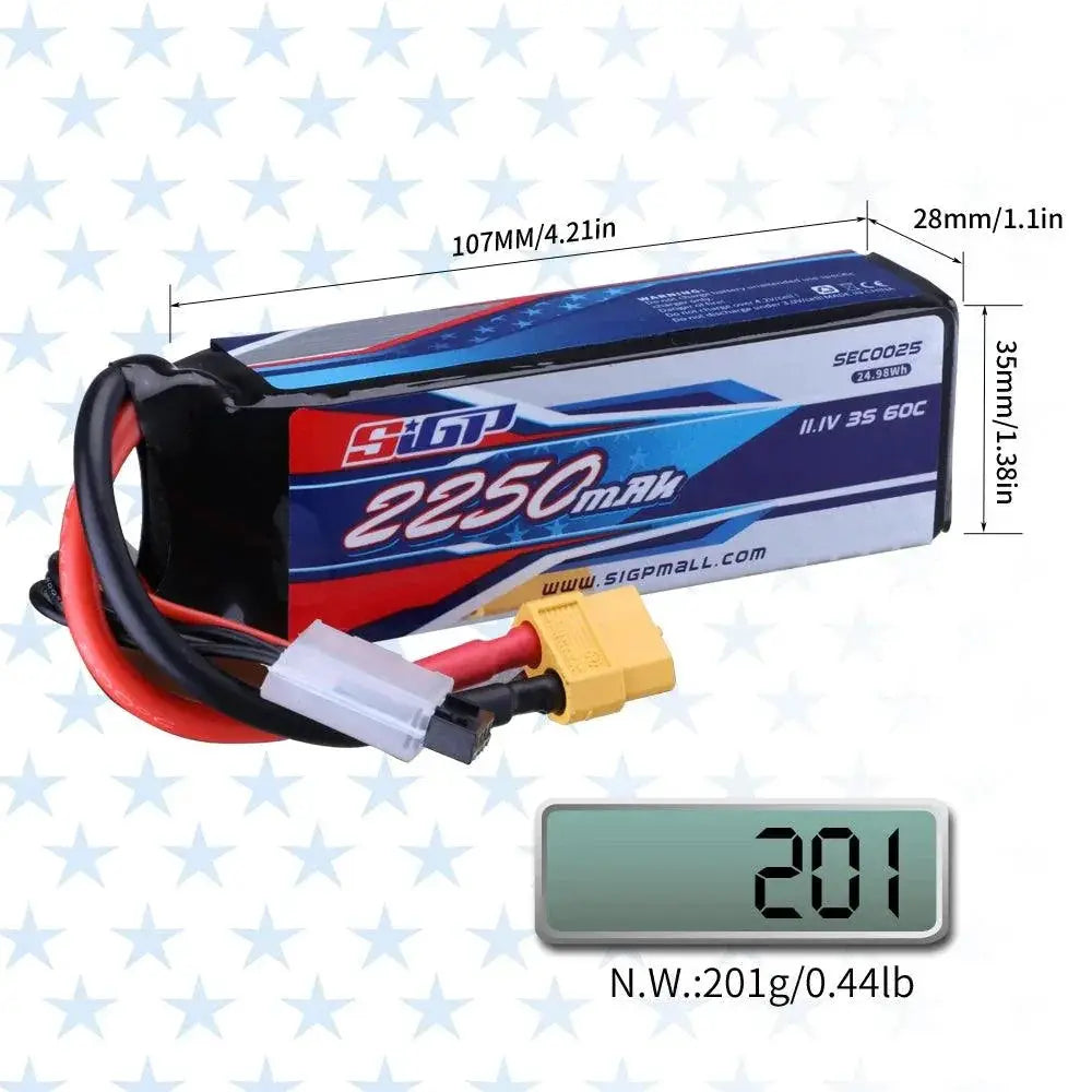 SIGP 3S LiPo Battery 11.1V 2250mAh 2 Pack For Drones FPV