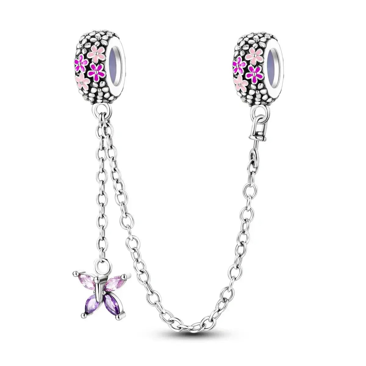 Silver Plated Safety Chain Pink Cat Moon Star Charm
