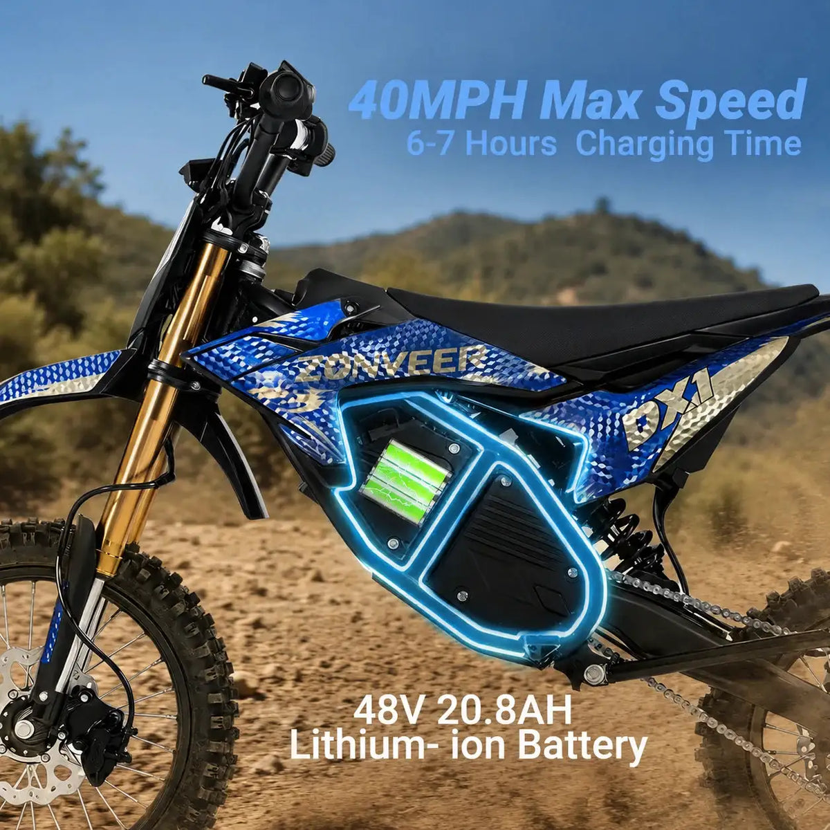 ZONVEER DX1 Electric Dirt Bike for Teens, 3000W Peak Mid Motor, 40MPH Top Speed, 48V 20.8Ah Battery, 278Nm Max Torque, Dual Hydraulic Suspension, Hydraulic Brakes
