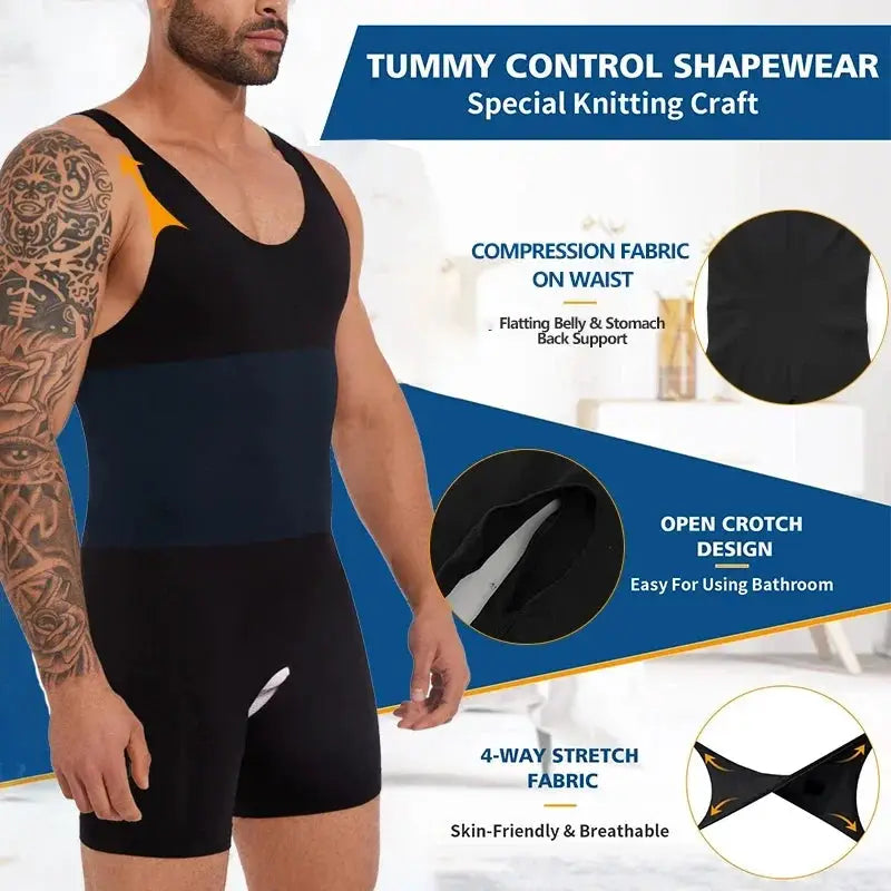 Mens Seamless Compression Bodysuit for Tummy Control