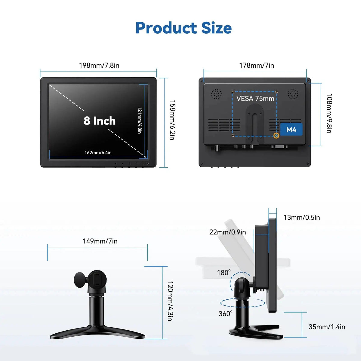 Eyoyo 8-inch 1024*768 Small Desktop Monitor CCTV Cameras Security Monitor Wall-mounted LCD Display with HDMI VGA BNC AV USB Port