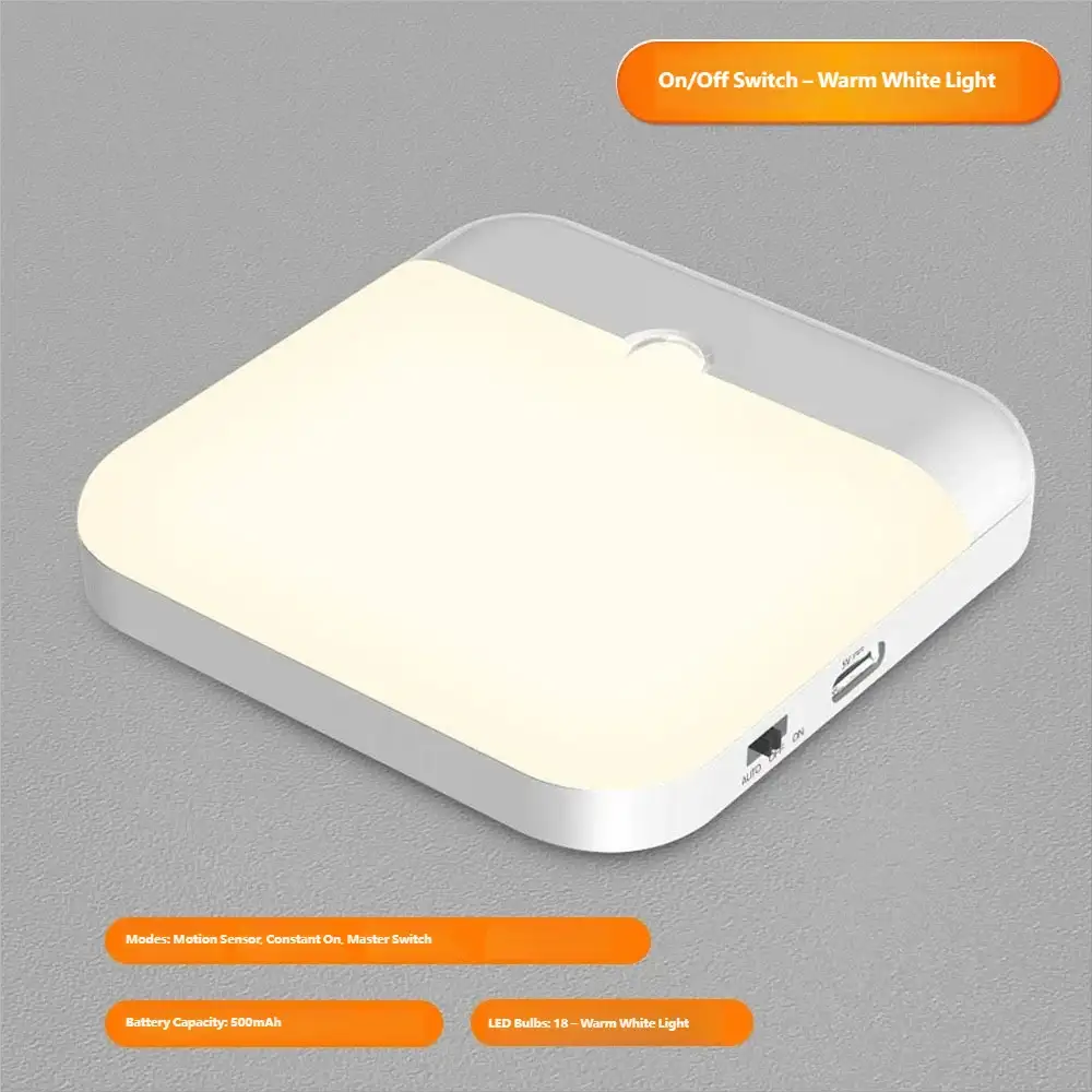 LED Motion Sensor Night Light, Square USB Rechargeable Cabinet Lamp, for Bedroom Kitchen Staircase Hallway Wardrobe