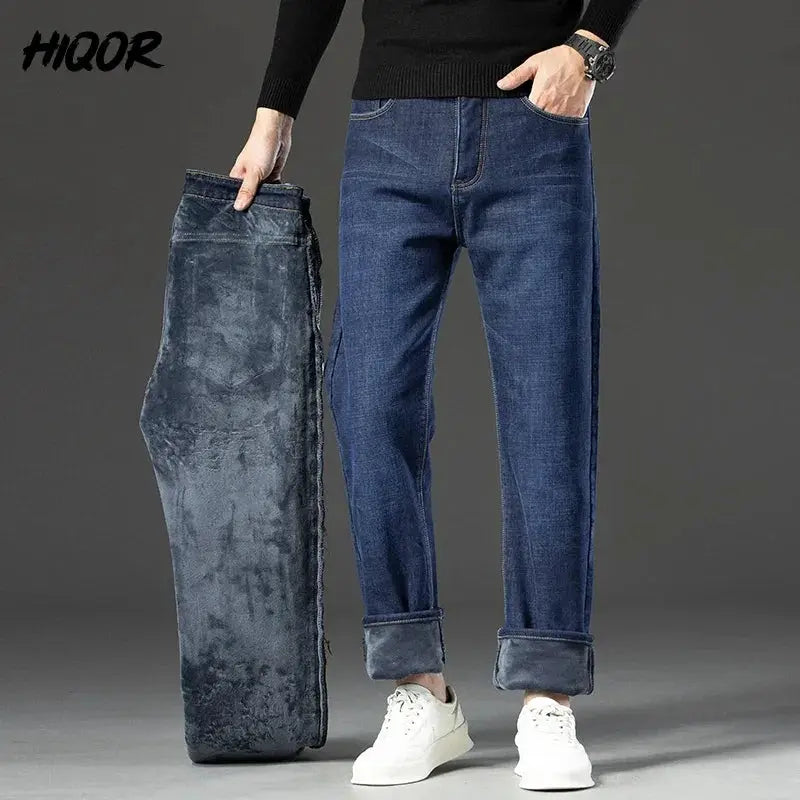 Winter Fleece Thick Jeans Men Business Casual Pants