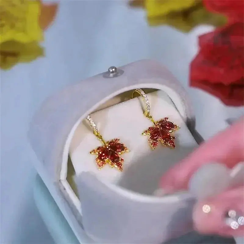 Vintage Red Maple Leaf Crystal Earrings Timeless Elegance