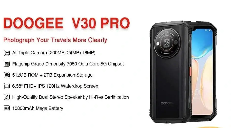 V30 Pro Rugged Smartphone 10800mAh 5G FHD Display