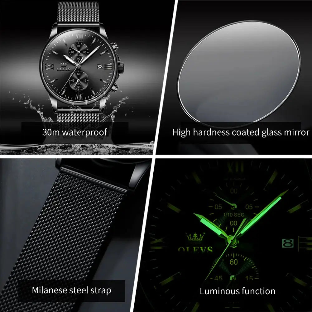 OLEVS 2886 Men's Watches Classic Multifunctional Chronograph Date Original Quartz Wristwatch Mesh Belt Waterproof Luminous Reloj